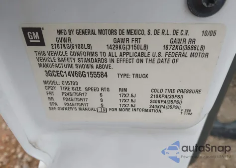 2006 Chevrolet Silverado 1500 Lt1 из США, поврежденный, VIN 3GCEC14V66G155584